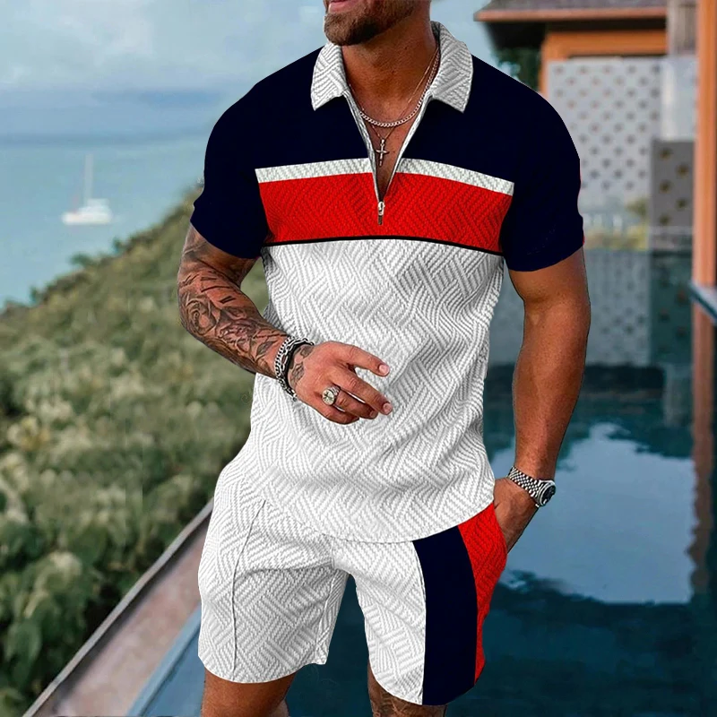 Summer Men's Polo Suit High-Quality Printed Lapel Zipper Short Sleeve POLO Shirt + Drawstring Shorts 2-Piece Men's Casual Suit