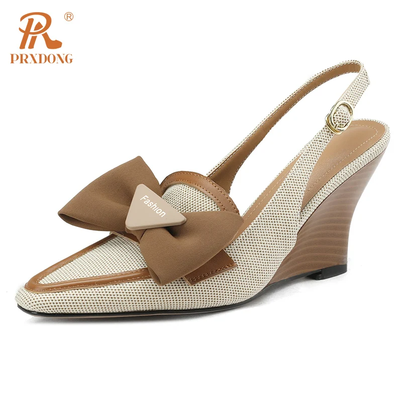 

PRXDONG New Brand Genuine Leather Summer Women's Shoes Wedges High Heels Pointed Toe Black Apricot Elegant Butterfly-knot Pumps