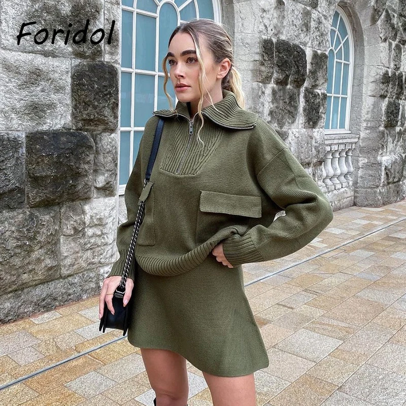 Свитер вязаный армейский зеленый с карманами Foridol Женский Повседневный