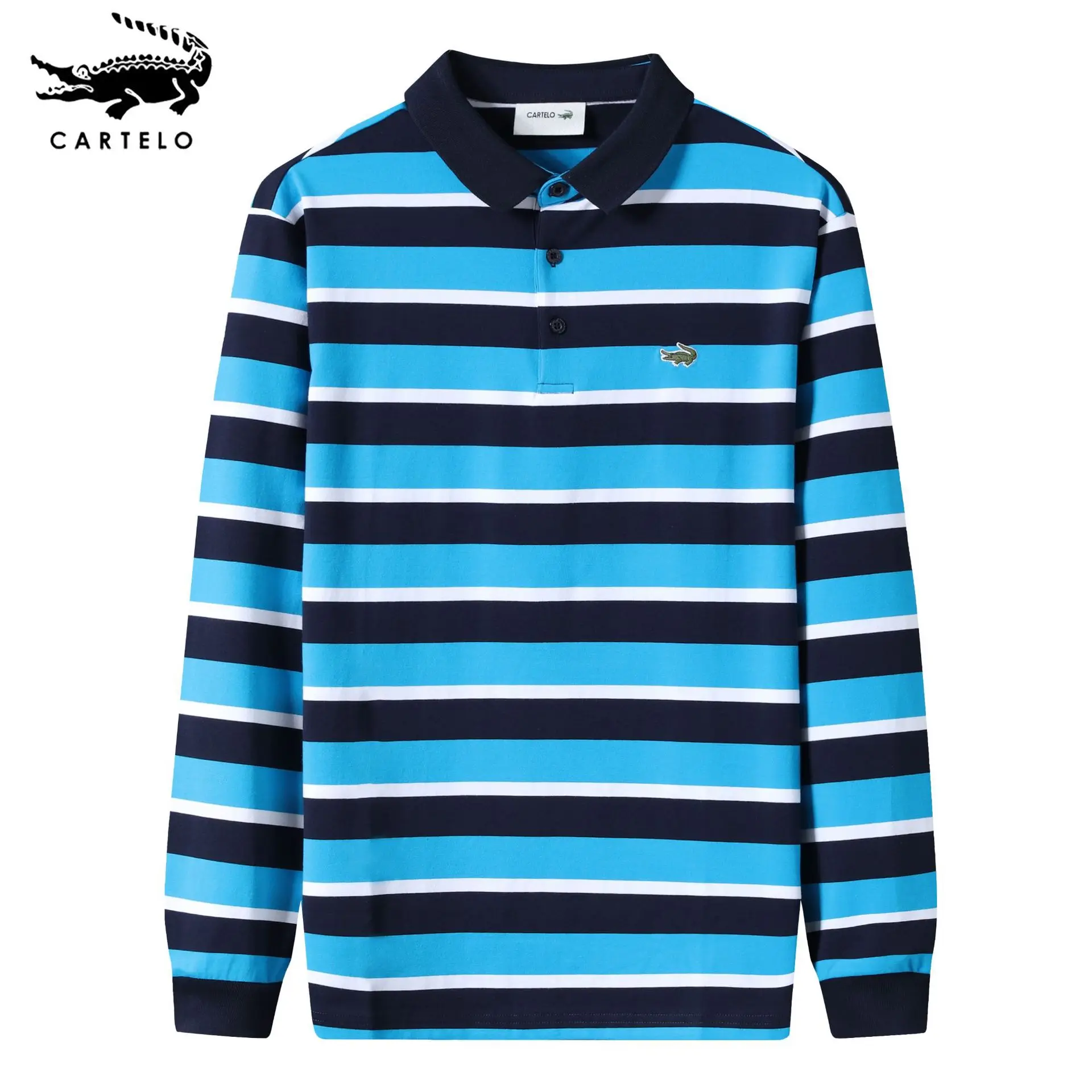 Catilla Crocodile Classic Horizontal Stripe Spring Autumn Youth Mid-age Embroidered Lapels Long Sleeve Polo Shirt Paul Shirt