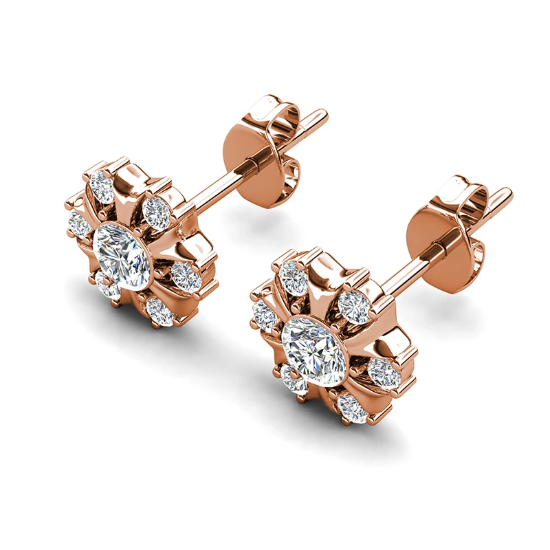 Фото Daisini Серьги-гвоздики с цветочным принтом из латуни, украшенные кристаллами Swarovski, розовое золото, дизайн со сверкающими кристаллами №3