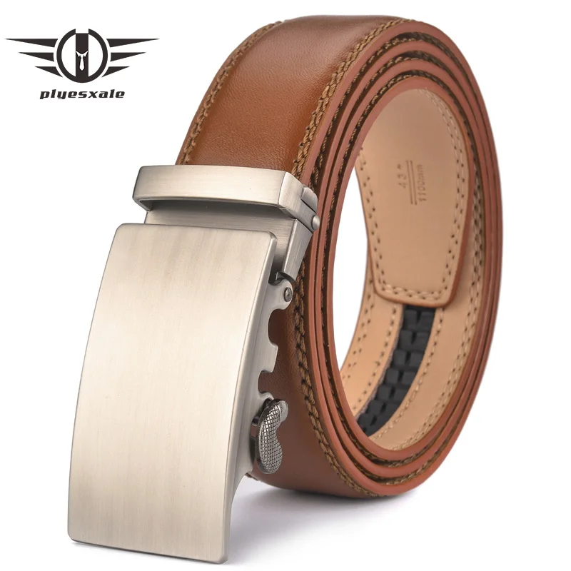 Plyesxale Brown Leather Belt Men 2023 Automatic Buckle Mens Belt For Jeans Vintage Style Mens Belts Luxury Ceinture Homme B9