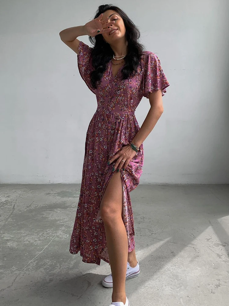 

Летнее Длинное Платье в стиле бохо, женское Повседневное платье миди с цветочным принтом, модное платье-туника с V-образным вырезом и разрезом, женское пляжное платье с оборками на рукавах