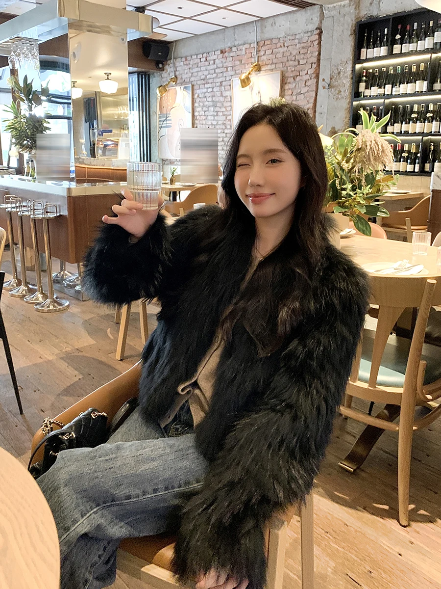 Imported Raccoon Spokes Fur Outerwear Women Short 2024 Winter New Coat Young Sle Slimming Black |