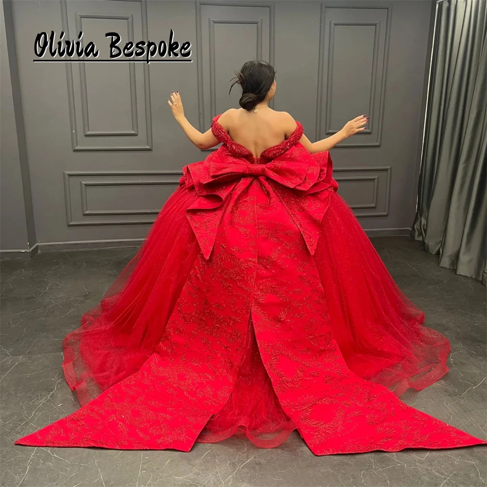 Fancy Red Bow Quinceanera Dresses 2025 For Birthday Party Beaded Lace Appliques Ball Gown vestido de 15 años quinceañera rojo