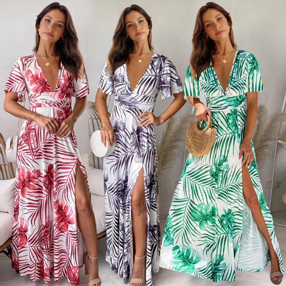 

2022 Spring Summer Women's New Fashion Slim Print Long Short Sleeve Slit Dress