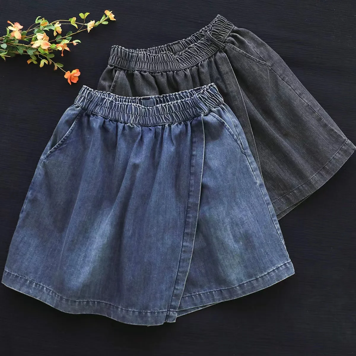 Women's Shorts Skirts Fake Two-piece 2023 Summer Elastic High Waisted Denim Shorts Loose Korean Large Size Skirts Black Shorts
