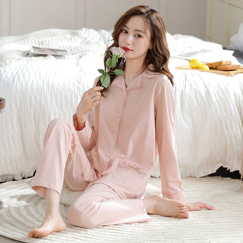 

Корейская пижама из 100% хлопка, Женская весенняя одежда для отдыха, комплекты одежды для сна, милая однотонная Пижама с лацканами для девушек, кавайная Пижама, повседневный домашний костюм