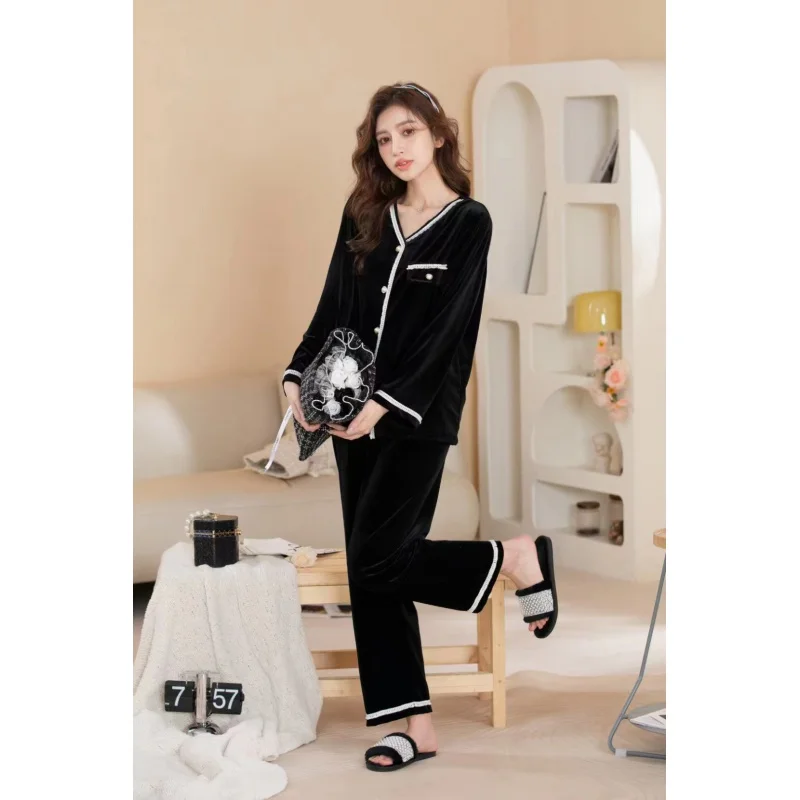 2023 Women's Pajamas Autumn and Winter New Pleuche Long Sleeve Trousers Pajamas Women's Classic Style Homewear Suit