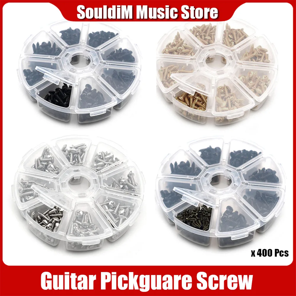 

400pcs Electric Guitar Pickguard Plate Mount Screw Size 3 x 12mm Color Black/Chrome with Storage Box Luthier Tool