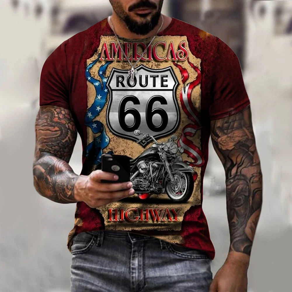 

Summer 3d Printing Man's T-shirt O-neck Route 66 T Shirt Short Sleeves Motorcycle Racing Menswear Male Clothes Casual Tshirt Top