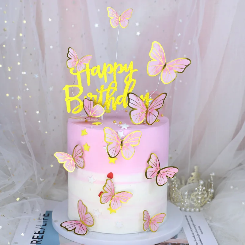 

LuanQI Paper Butterfly Cake Decor Birthday Flag Bronzing Gold Rim Pink Butterfly Birthday Party Cake Insert Decor Baby Shower