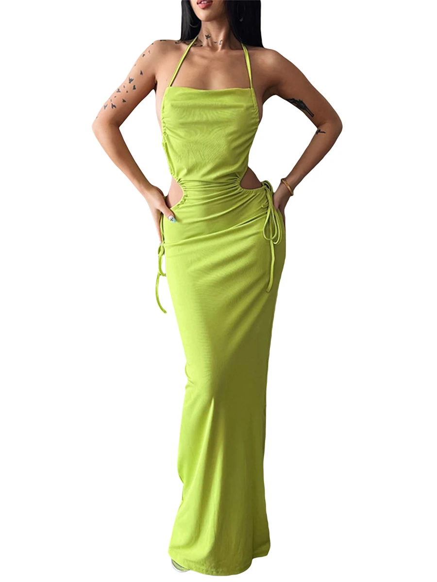 

Женское облегающее длинное платье на бретелях-спагетти, летнее платье с лямкой на шее и открытой спиной, вечернее коктейльное платье