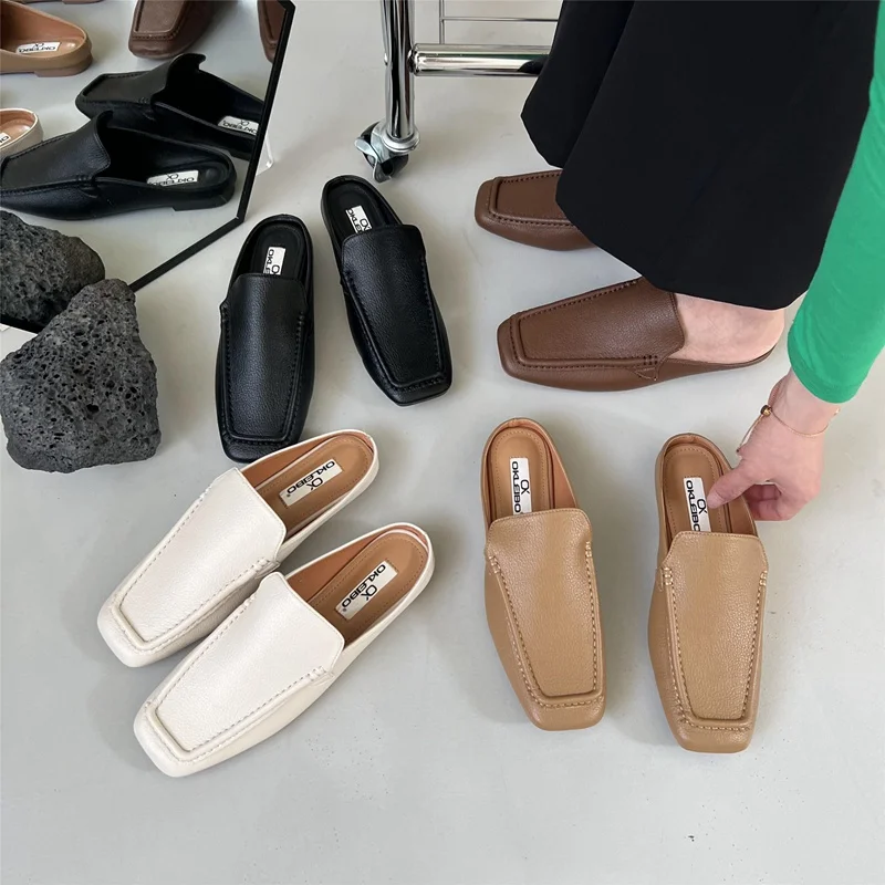 

Women Slippers Flat Casual Slides British Style Loafer Female Mule Shoes Soft Moaccasin Ladies Square Toe Slip On Outdoor Slides