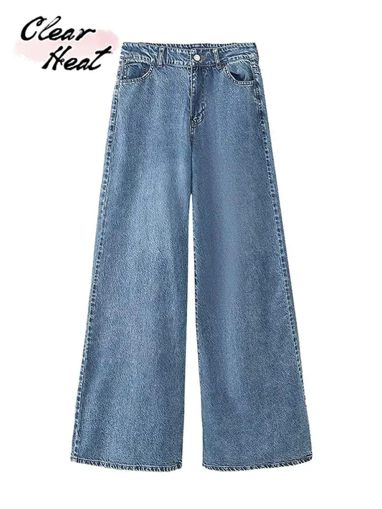 

Женские модные однотонные широкие брюки с карманами сзади, винтажные свободные прямые джинсы со средней талией, женские уличные брюки 2023