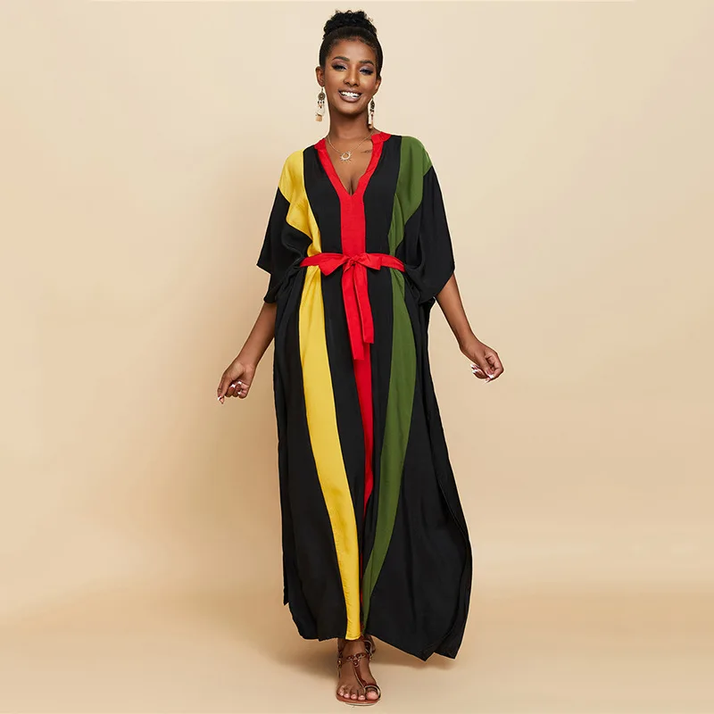 

Africa Kaftan Belt Maxi Dress Plus Size For Women Vertical Stripes Print Black Dresses V-Neckline Flowy Robe Elegant Cover Ups