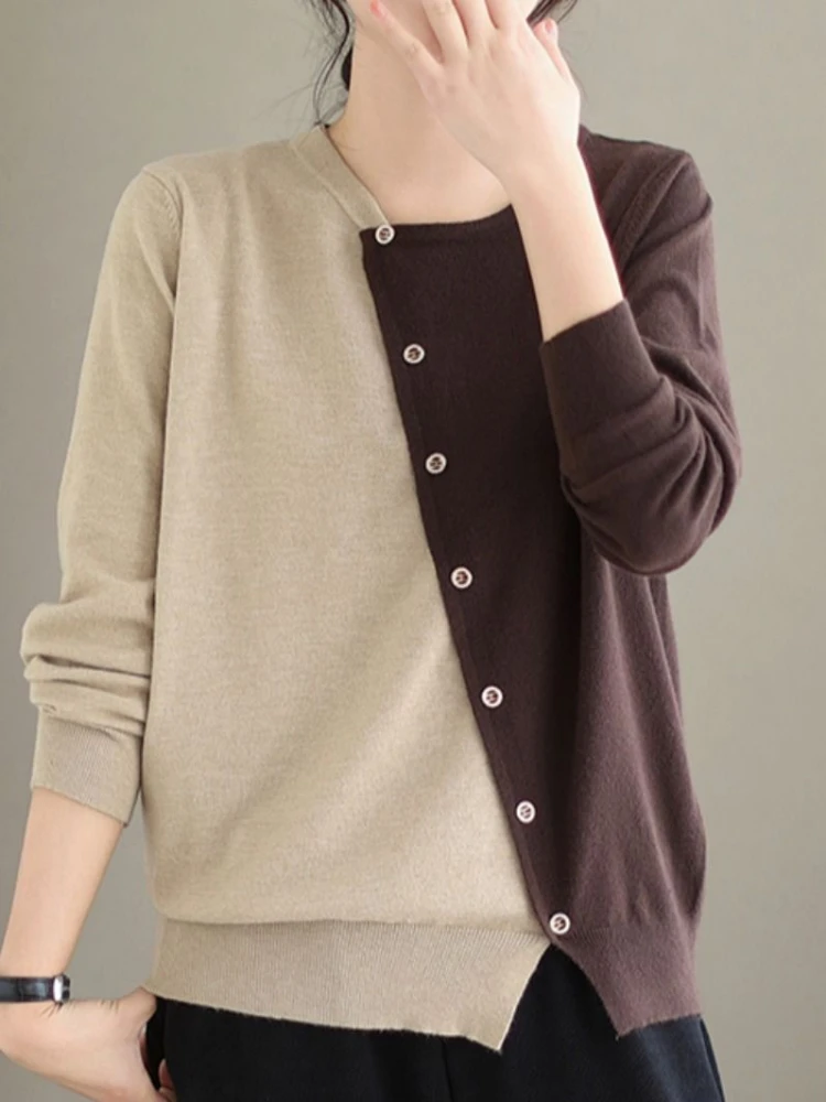 

Повседневный пуловер, свитер, женский осенне-зимний контрастный лоскутный свитер с разрезом, тонкий дизайнерский Топ, 2023