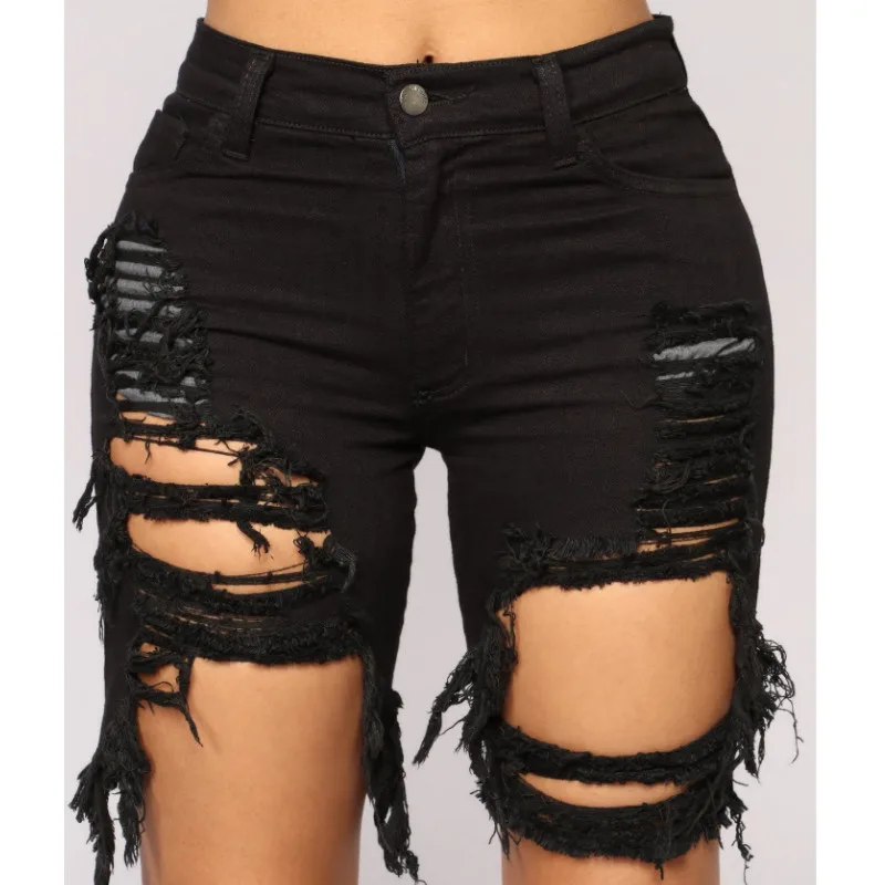 Women Denim Ripped Shorts High Waist Draped Destroyed Stretch Bodycon Pencil Slim Shorts Club Street Summer Sexy Holes Shorts