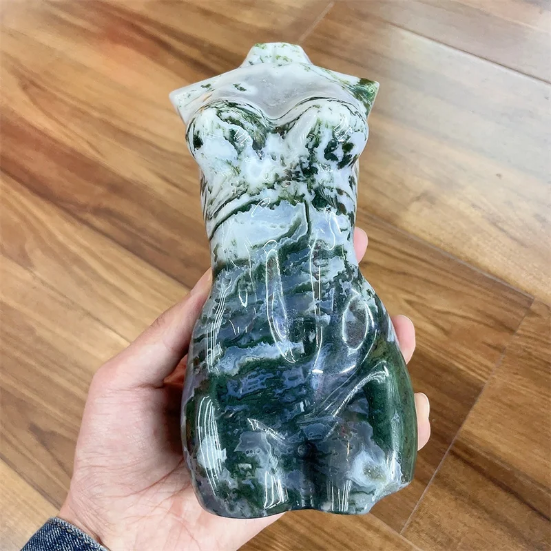 

18CM Natural Moss Agate Lady Body Carving Healing Crystal Gemstone Collectible Home Decoration Gift 1pcs
