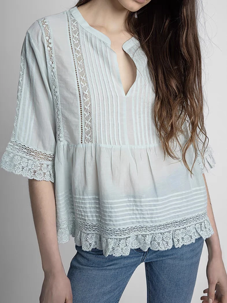 

Women Shirt 2023 Summer New Splicing Hollow Short-sleeved Blouse