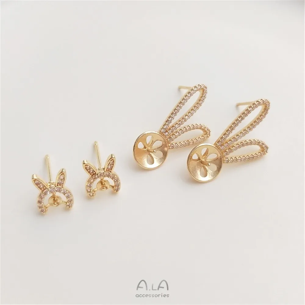 

14K Gold Filled Plated Zircon bunny ear studs 925 silver pin Rabbit ears DIY inlaid half hole bead bracket earrings