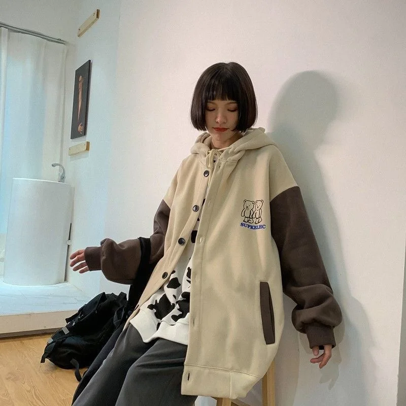 

Korean Trend Hooded Sweatshirt with Pocket for Women Streetwear Loose Single Breasted Patchwork Hoodies Casual Baseball Coat