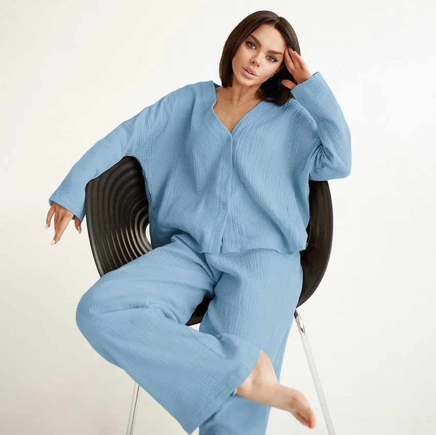 Spring and summer new style women's pajamas suit pure cotton crepe casual V-neck long sleeved trousers two-piece home clothes