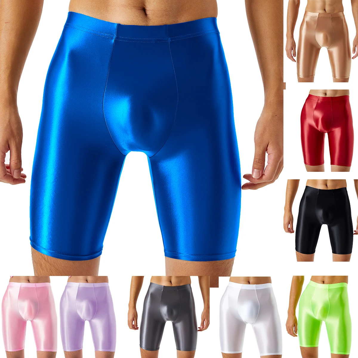 FYXLJJ Mens Oil Shiny Glossy Shorts Sexy Slim Boxer Shorts Leggings Fitness Sweatpants Bulge Pouch Trunks Swimwear Sport Bottoms