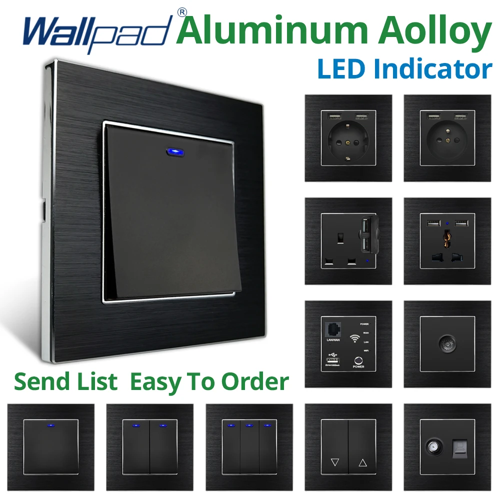 

Wallpad Black Aluminum Alloy Panel EU UK Electrical Sockets And Wall Switches With LED 1 2 3 Gang 2 3 Way USB Charging Port