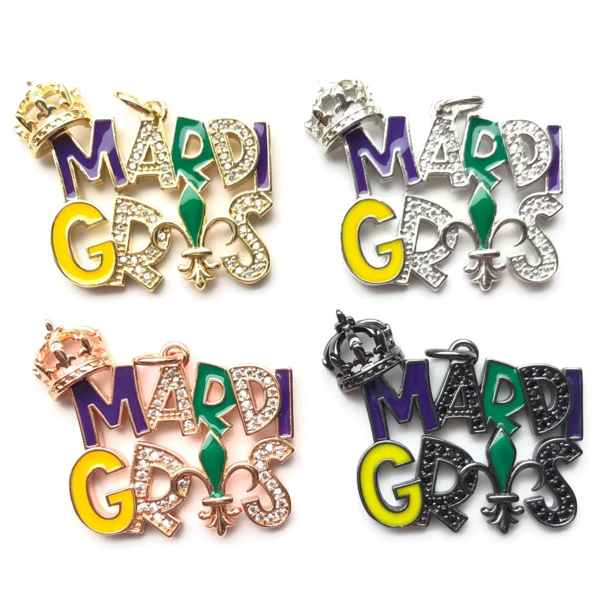 

5pcs Enamel Micro Pave Crown Mardi Gras Word Charm Louisiana Pendant for Women Bracelet Girl Necklace Making Jewelry Finding