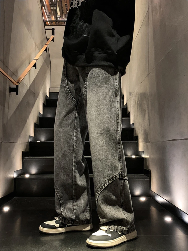 New Men's Retro Straight Jeans Men's Designer Long Pants Fashion Stitching Design Solid Color Casual Jeans Street Clothing Denim