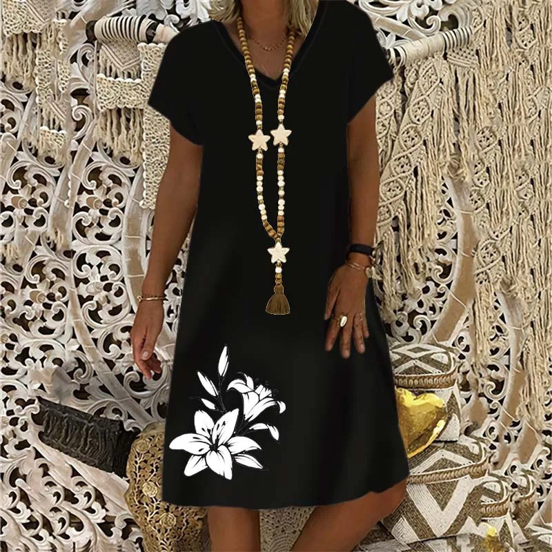 Новинка лета 2022 женское платье с коротким рукавом и принтом лилии повседневное