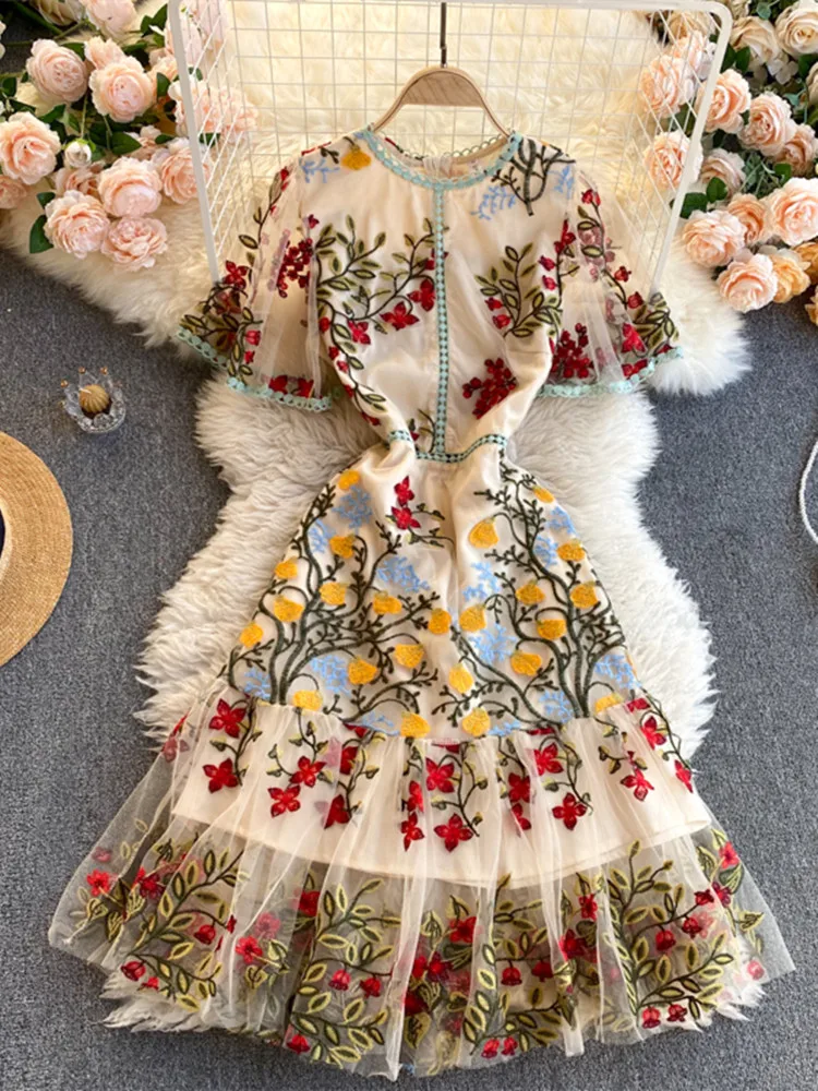 

Women Retro Yarn Lace Embroidered Flower Knee-length Dress Short Butterfly Sleeve Ruffles Harajuku Summer Vestidos