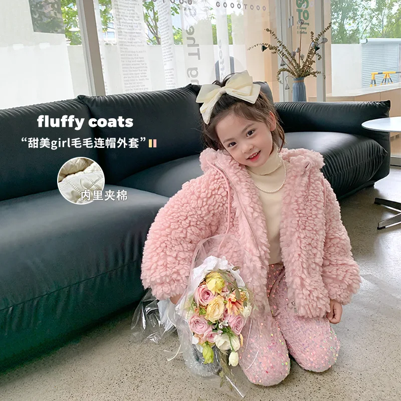 

MILA CHOU 2022 Winter Girls Cute Fluffy Hooded Jacket Children Thickened Cotton Padded Coat Top Kids Clothes