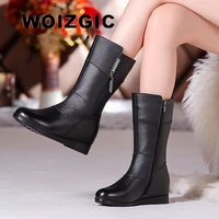 woizgic womens mother ladies female genuine leather mid calf shoes boots winter fur plush bling zipper warm plus size 35 42
