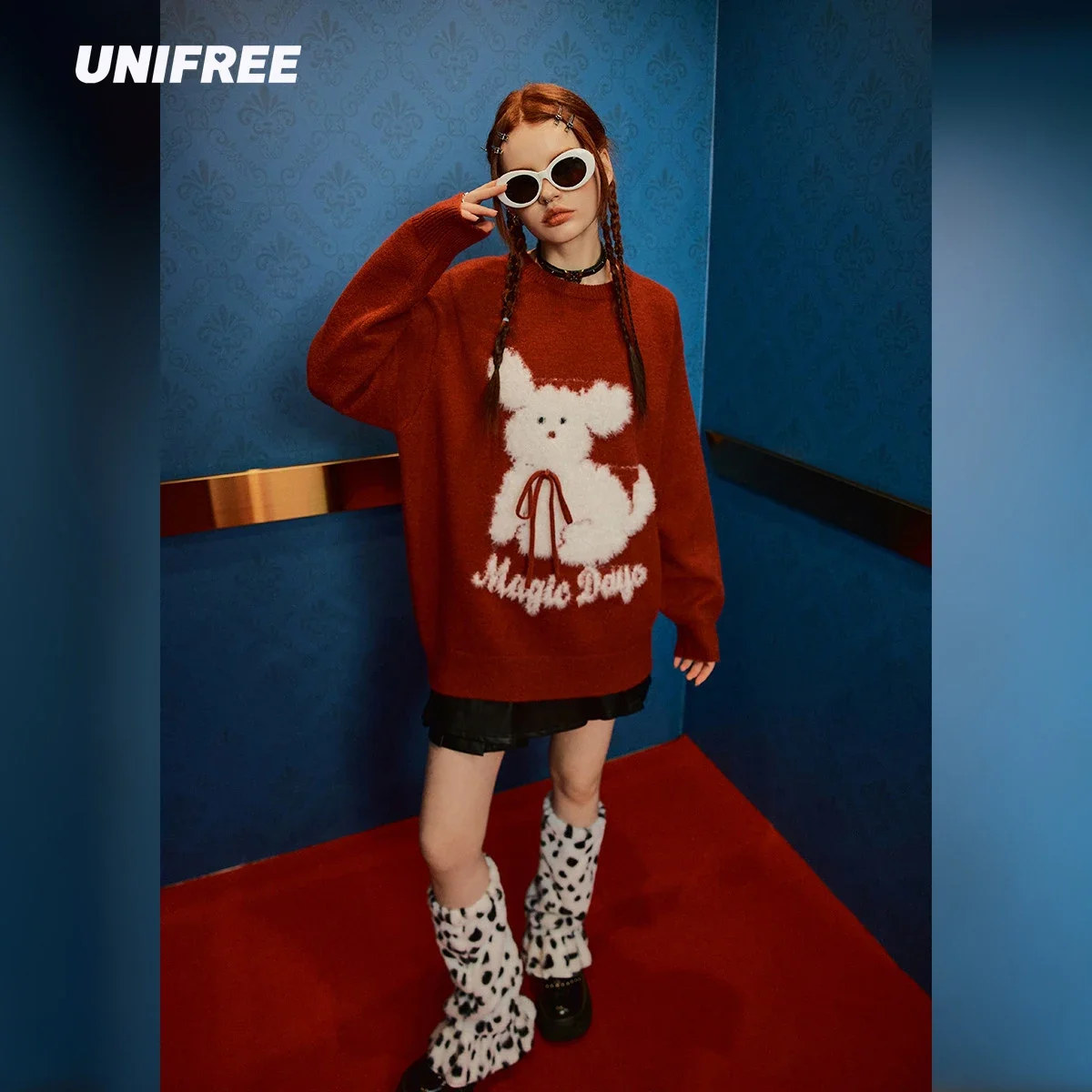 

UNIFREE Cute Cartoon Red Sweaters Women Sweet Casuals Loose O-neck Knitted Pullovers Harajuku Winter Warm Sweater
