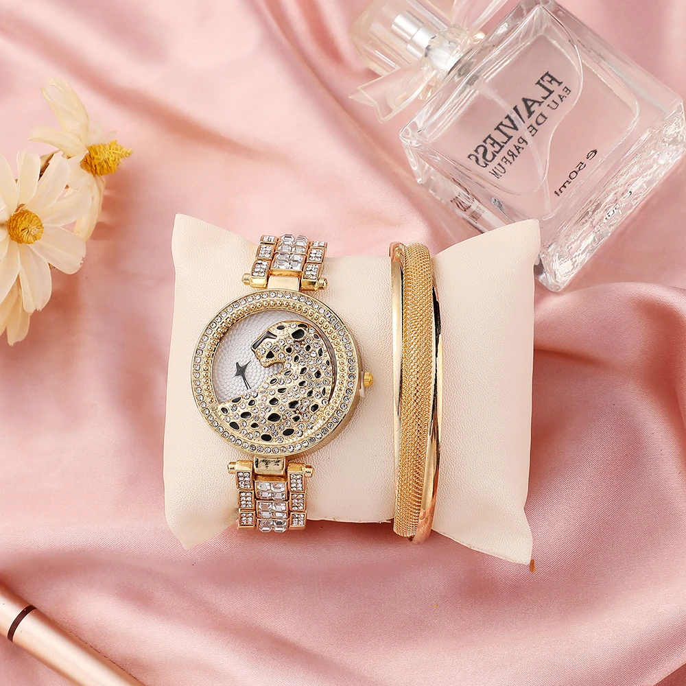 2022 Fashion exaggeration women's leopard head diamond inlaid quartz watch alloy bracelet 2-piece set watch gift box