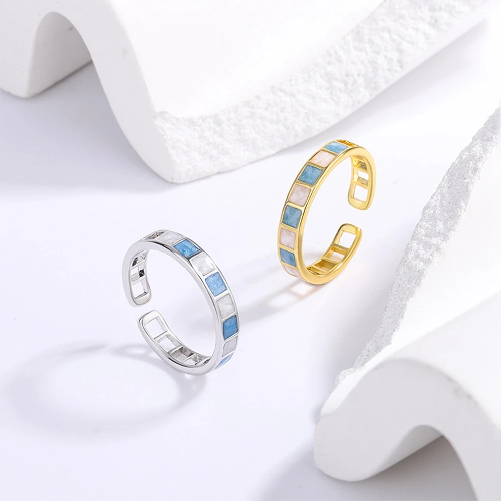 

Korean Fashion Plaid Drip Glaze Gold Sliver Open Rings for Women Sweet Chic 925 Sliver Plated Open Ring Elegant Jewelry Gift