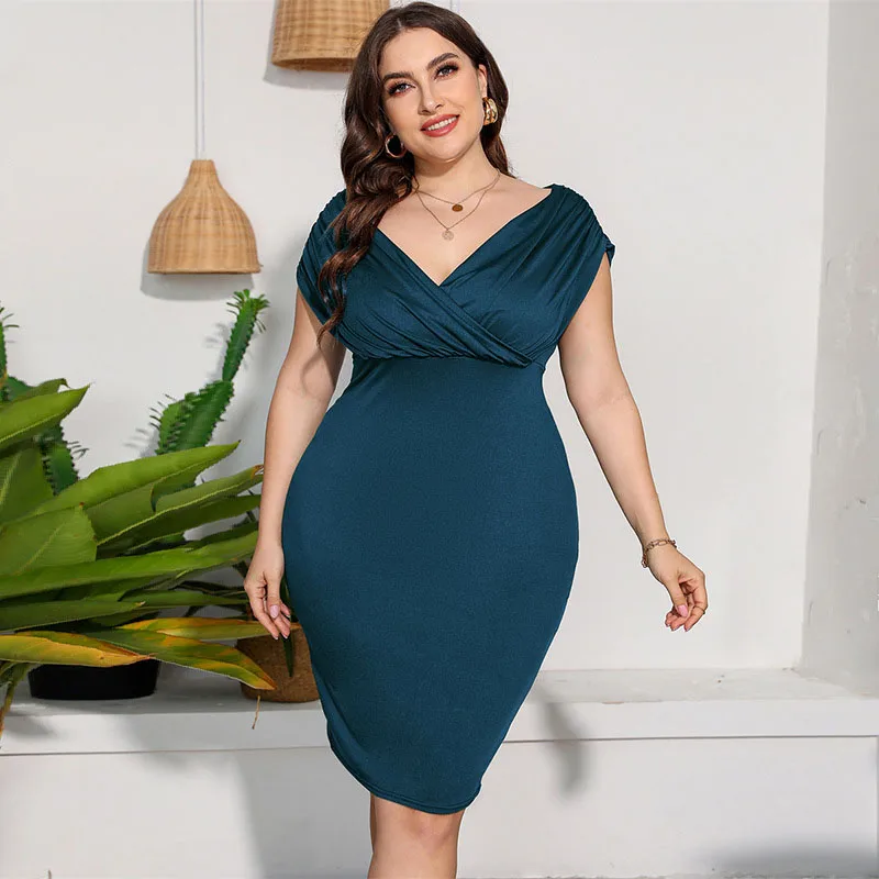 Plus Size Dresses for Womens Summer 2023 Elegant V Neck Solid Bodycon Midi Party Dress Short Sleeve Big Size Clothing 4XL 5XL