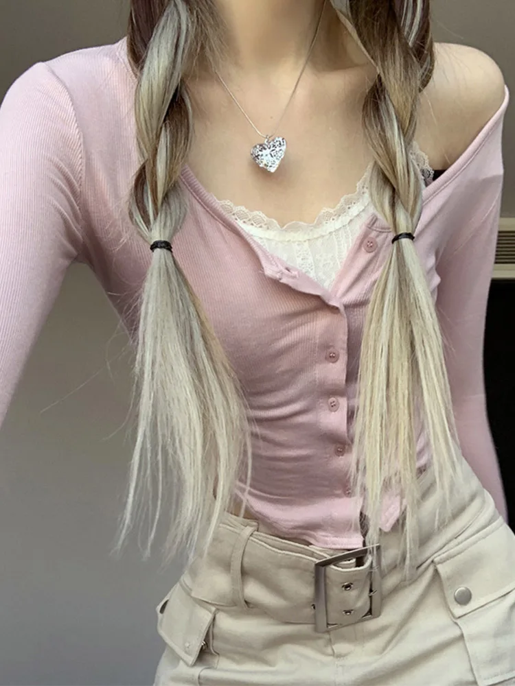 Y2k кружевной лоскутный розовый укороченный топ на пуговицах с длинным рукавом