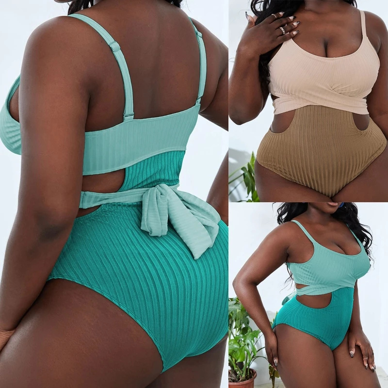 

Y1QE Color Matching Knotted Bikini Set Sexy Oversized Bodysuit Chest Gathered Wrap Swimming Suit High Waist Split Swimsuit