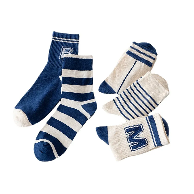 Spring Summer Blue Cotton Socks for Women Ins Fashion Korean Letter Japanese Striped Cool Skateboard Couple Socks Calcetines