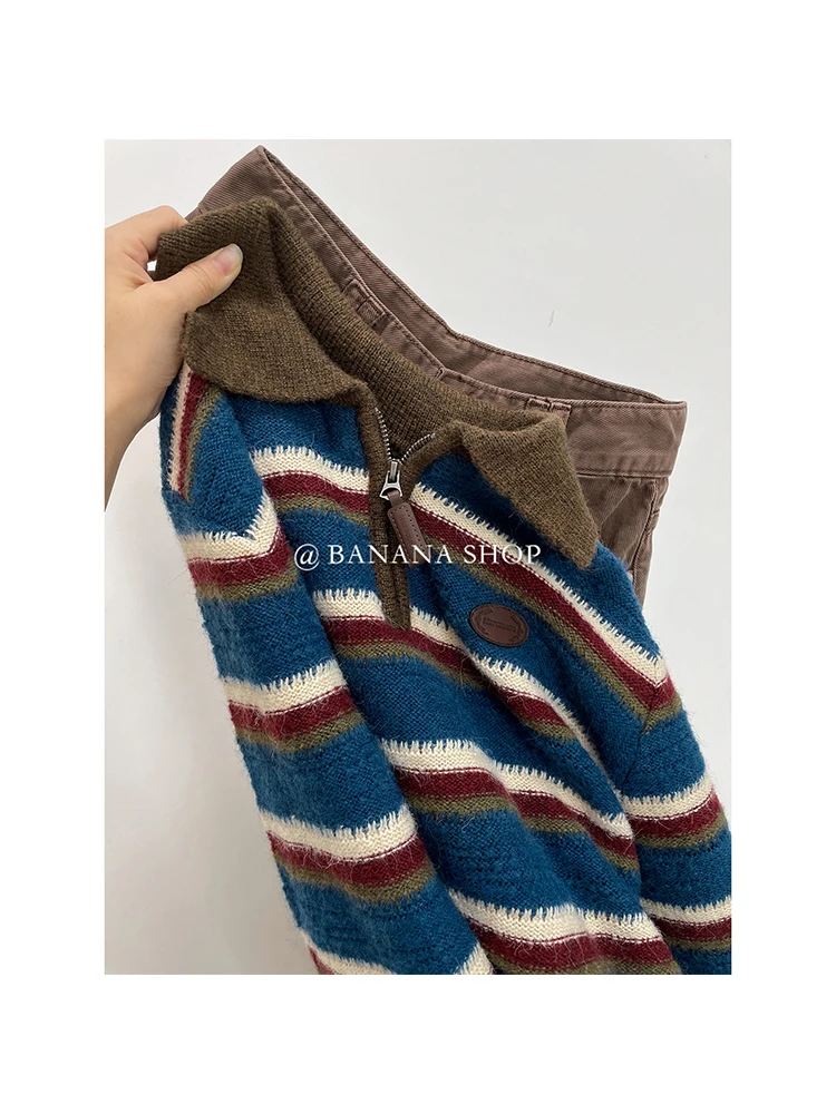 2023 Spring Autumn Women Cropped Knit Sweater Stripe Contrast Color Vintage Polo Collar Long Sleeve Female Pullovers Chic Tops