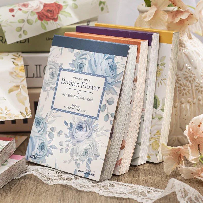 

100pcs/lot Memo Pads Material Paper Watercolor flowers DIY Scrapbooking Cards Junk Journal Retro Background Decoration Paper