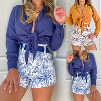 printed shorts sets women 2022 spring summer casual two piece set fashion leisure lapel long sleeve lace up shirt bohemia suit