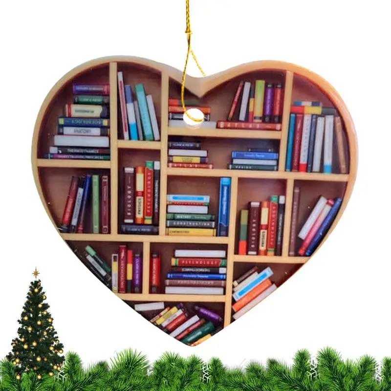 2D Planes Book Lovers Heart Shaped Bookshelf Christmas Pendant Decoration Home Tree Hanging Ornament Nerf Christmas Gift Library