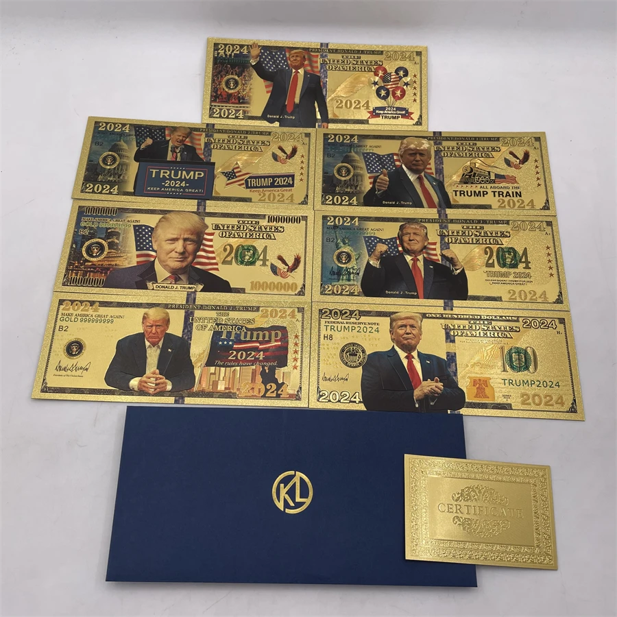 

Wholesale 7pcs/Lot Trump 2024 greeting cards In God we trust Gold foil plastic banknotes US dollars golden trb membership cards