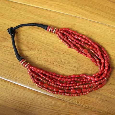 NK253 Этнические тибетские ювелирные изделия, латунные красные стеклянные бусины, Многорядное женское ожерелье из бисера