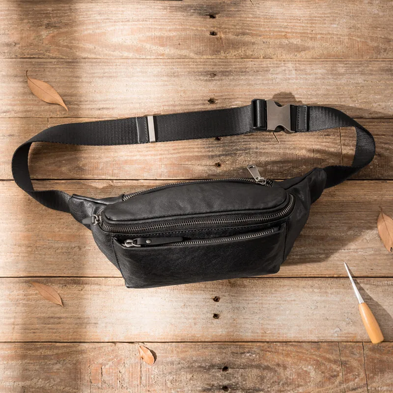 Vintage fashion first layer cowhide men's black messenger bag daily outdoor sports summer light hot sale soft cowhide chest bag