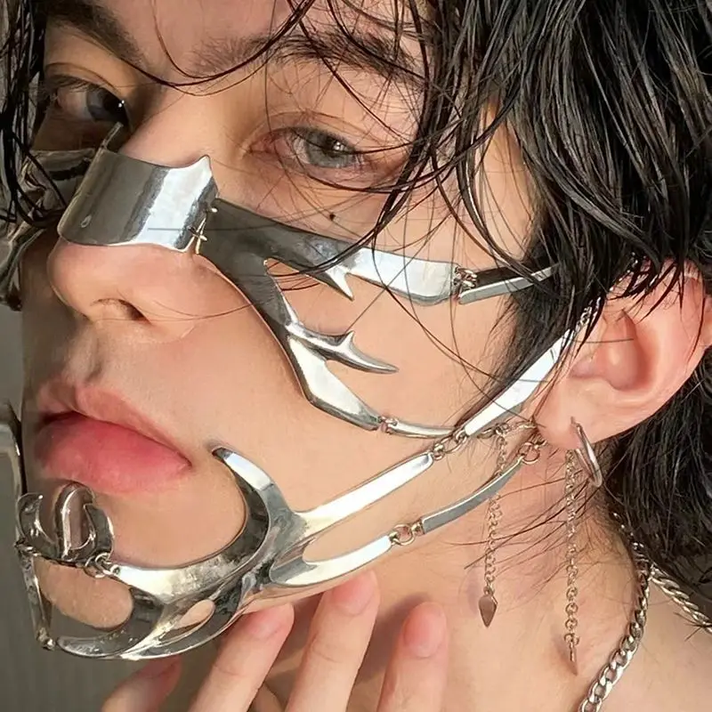 

2023 Luxury CyberPunk Mask Liquid Irregular Silver Color Hollow Titanium Steel Facial Accessories For Women Men Party Jewelry